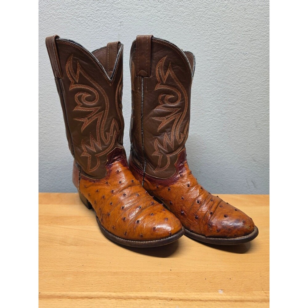 Men's Full Quill Ostrich Leather Cowboy Boots Western Embroidered Brown